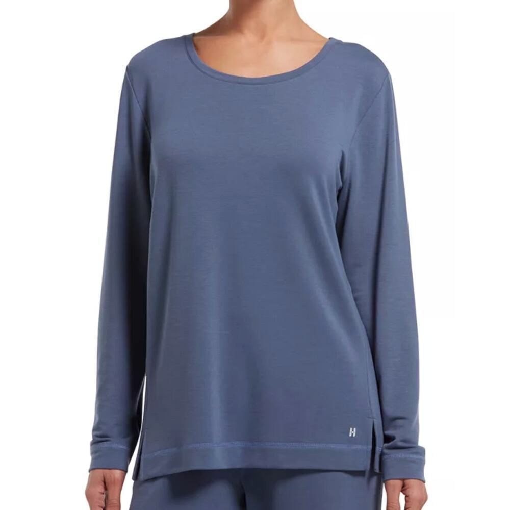 NEW Hue Long Sleeve Lounge T Shirt French Terry Blue Scoop Neck Women's M